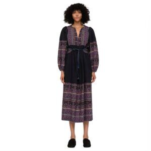 Sea NY Adella Midi Dress Womens Small Navy Blue Purple Long Sleeve V-Neck Belt